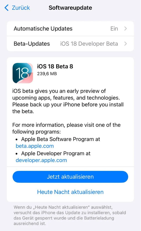 汉中苹果手机维修分享苹果 iOS / iPadOS 18 开发者预览版 Beta 8 发布 